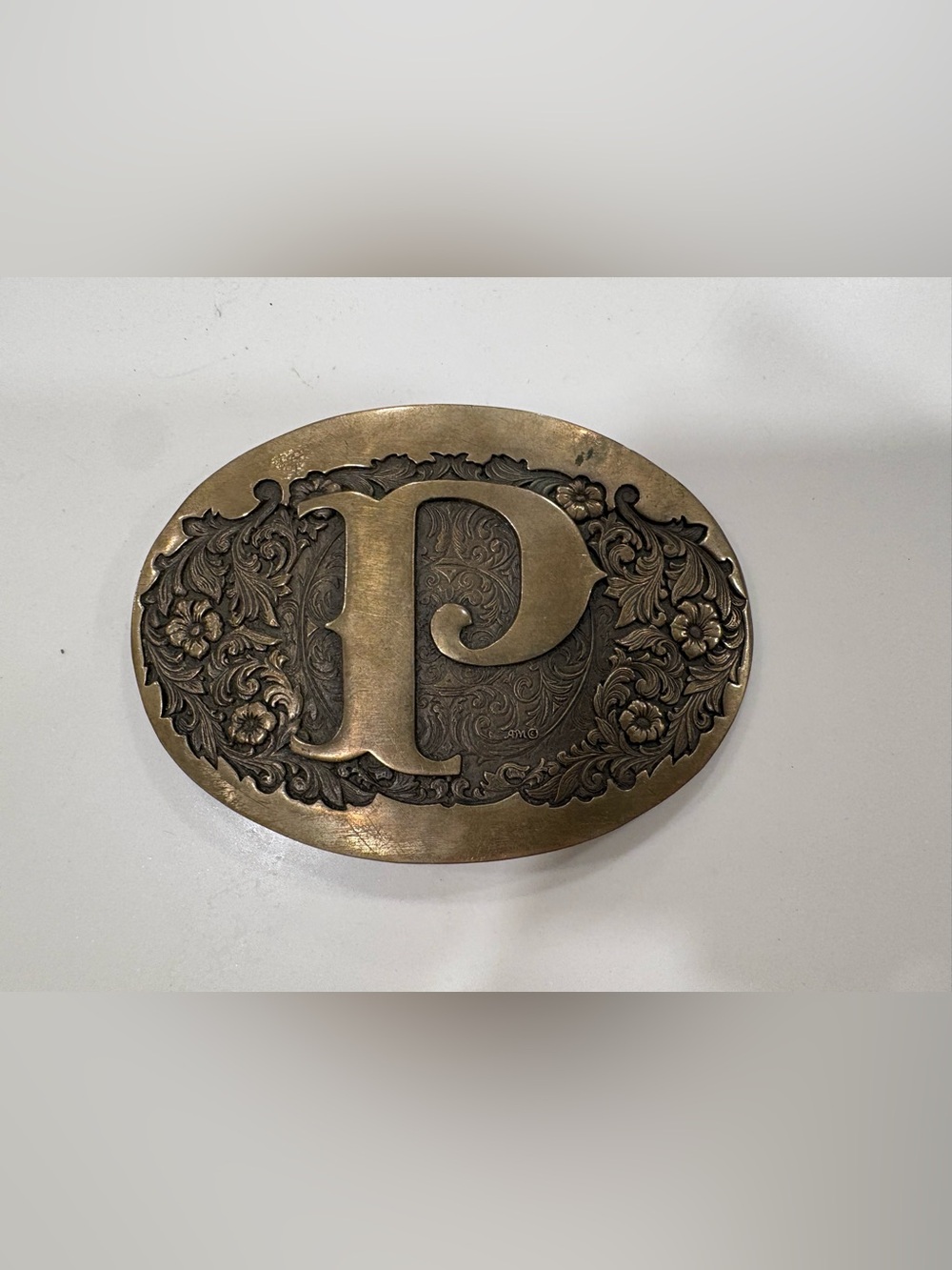 Monogram 'P' Ornate Brass Belt Buckle - Antique Brass Tone